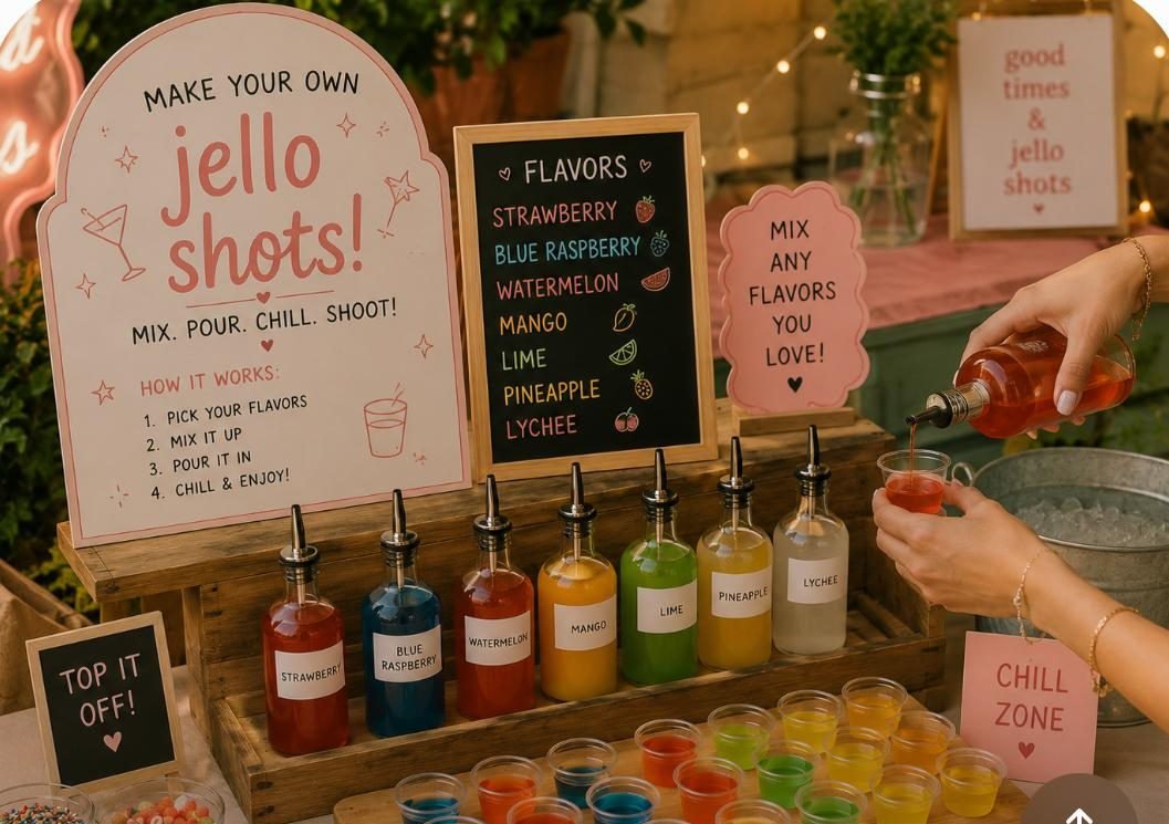 A jello shot bar with flavour syrups lined up and filled cups.